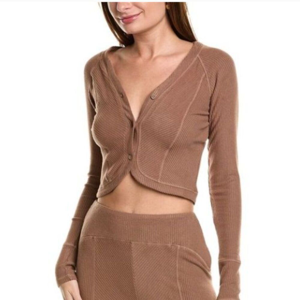NWT AREA STARS RIBBED BOYFRIEND BUTTON FRONT TULIP HEM CROP TOP/CARDIGAN BROWN L